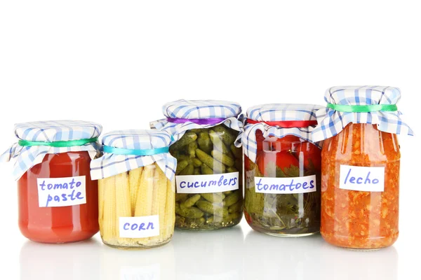 Jars with canned vegetables isolated on white — Stock Photo, Image