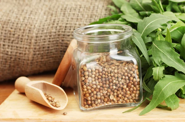 Jar of coriander seeds with rocket on canvas background close-up — Stock Photo, Image