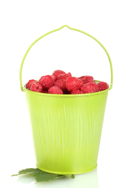 Fresh raspberries in green bucket isolated on white — Stock Photo, Image