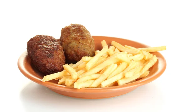 Patatas fritas con hamburguesas en el plato aislado en primer plano blanco — Foto de Stock