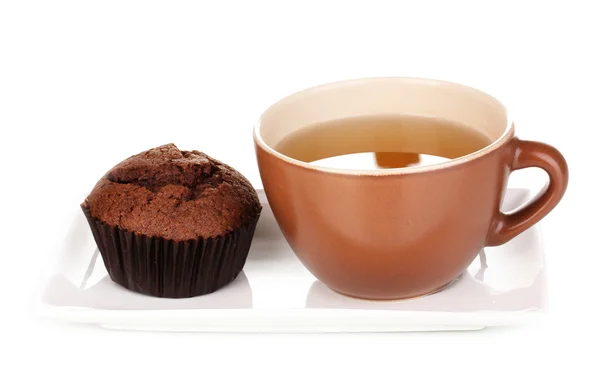 Fresh muffin with tea isolated on white — Stockfoto