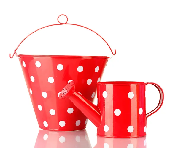 Red watering can and bucket with white polka-dot isolated on white — Stock Photo, Image