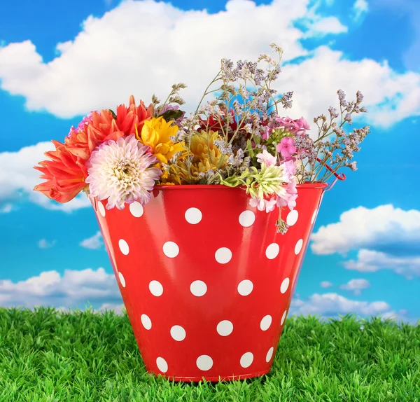 Rode emmer met witte polka-stip met bloemen op hemelachtergrond — Stockfoto
