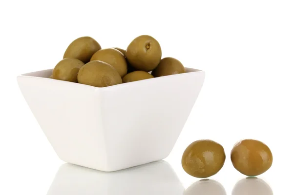 Green olives in white bowl isolated on white — Stock Photo, Image