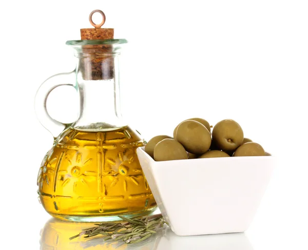 Green olives in white bowl with rosemary and olive oil isolated on white — Stock Photo, Image