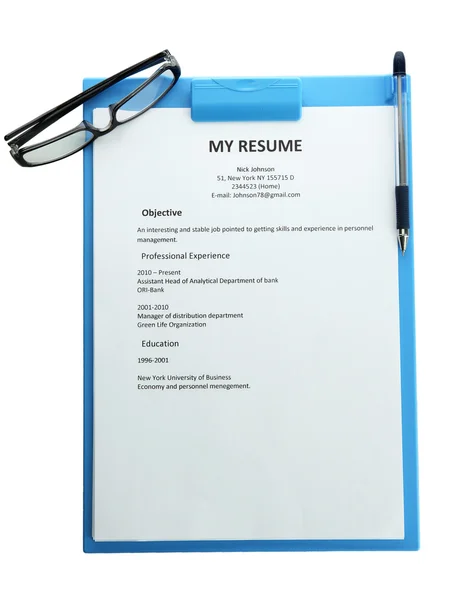 Resume with pen and glasses on clipboard, isolated on white — Stock Photo, Image