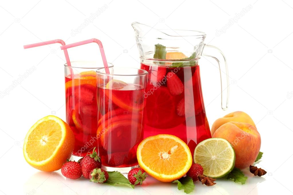 sangria in jar and glasses with fruits, isolated on white