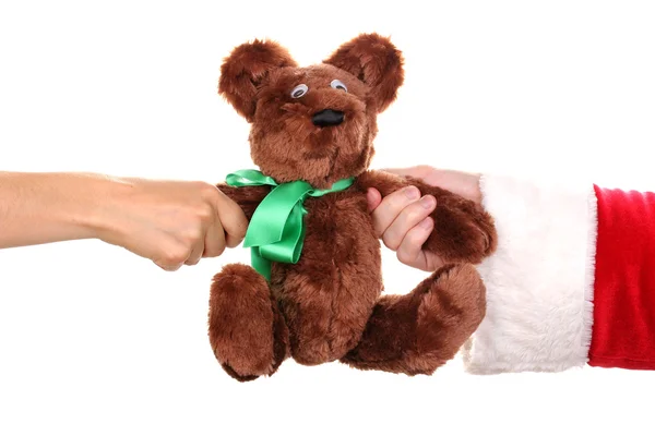 산타 클로스 손을 잡고 흰색 절연 장난감 곰 — 스톡 사진