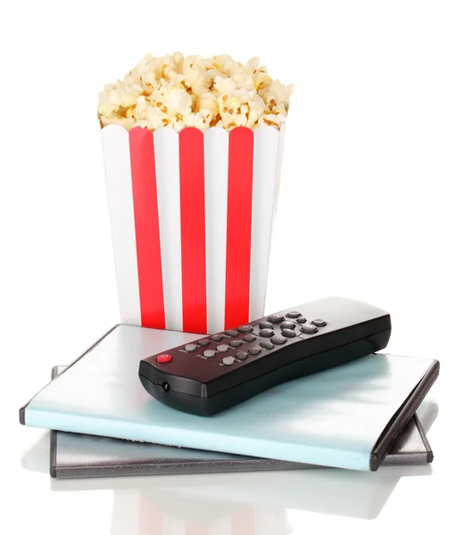 Popcorn mit Fernseh-Bedienfeld und Platten isoliert auf weiß — Stockfoto
