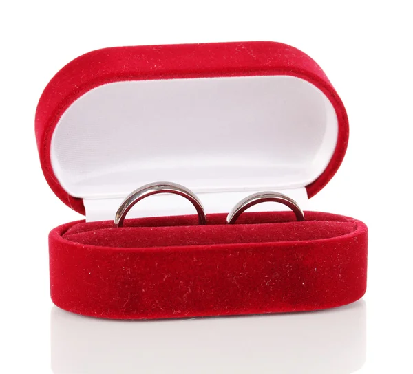 Wedding rings in red box isolated on white — Stock Photo, Image