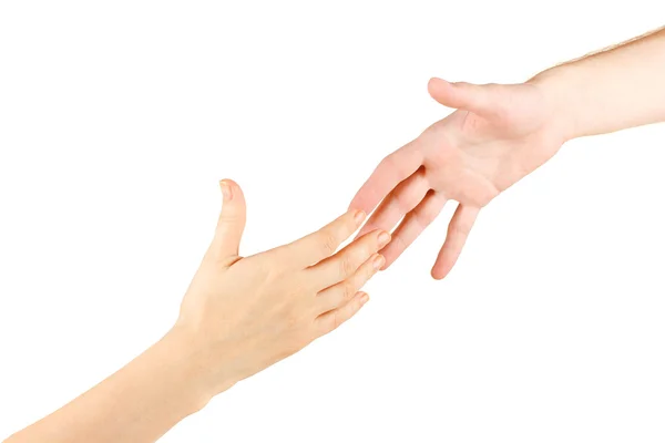Mão das mulheres vai para a mão do homem no fundo branco — Fotografia de Stock