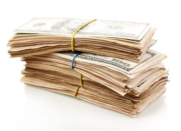Montón de billetes de cien dólares primer plano aislado en blanco — Foto de Stock