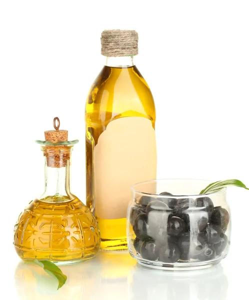 Bottiglia di olio d'oliva e piccolo decanter isolato su bianco — Foto Stock