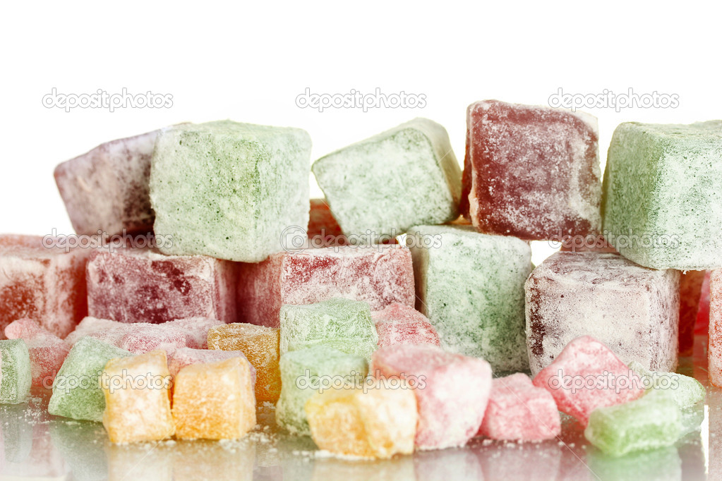 tasty pieces of turkish delight on white background close-up