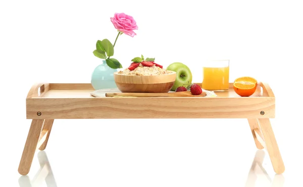 Light breakfast on wooden tray isolated on white — Stock Photo, Image