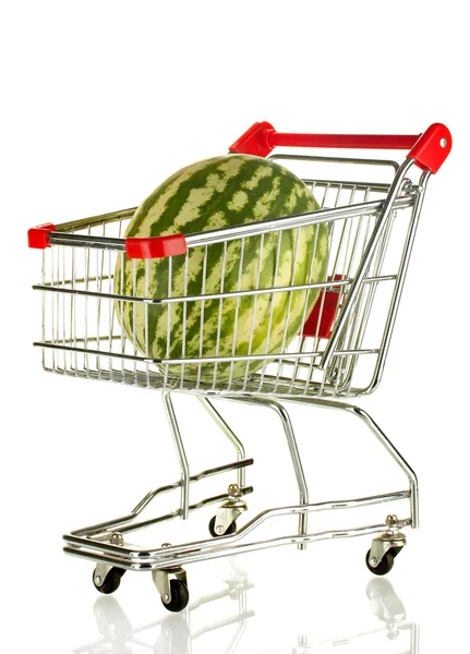Ripe watermelon in metal trolley isolated on white — Stock Photo, Image