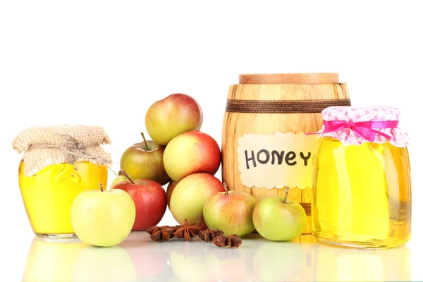 Μέλι και τα μήλα με κανέλα που απομονώνονται σε λευκό — Φωτογραφία Αρχείου