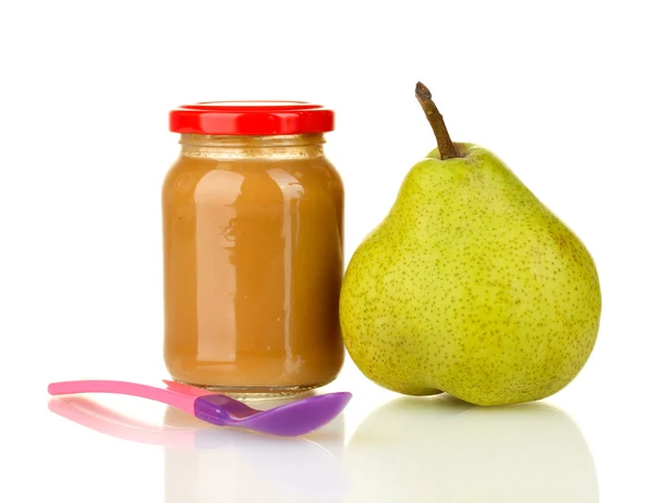 Frascos com alimentos para bebés de fruta e pêra isolados em branco — Fotografia de Stock