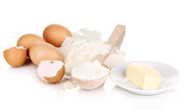 yumurta, un ve tereyağı üzerine beyaz izole