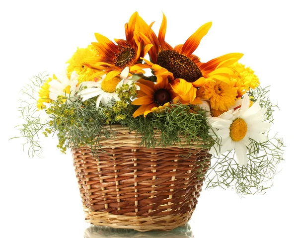 Beautiful bouquet of bright wildflowers in basket, isolated on white — Stock Photo, Image