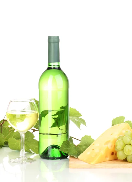 Bottle of great wine with wineglass and cheese isolated on white — Stock Photo, Image