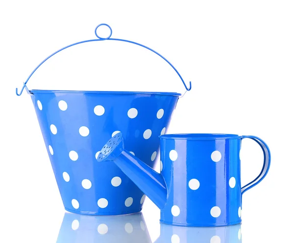 Blue watering can and bucket with white polka-dot isolated on white — Stock Photo, Image