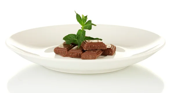 Pezzi di cioccolato e menta sul piatto isolato su bianco — Foto Stock