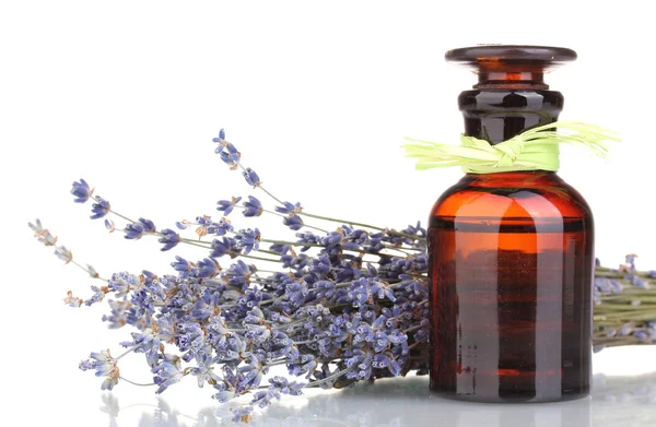 Flores de lavanda y botella de vidrio aislados en blanco — Foto de Stock