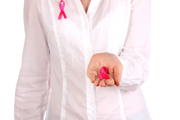 Mulher com fita rosa em mãos isoladas em branco — Fotografia de Stock