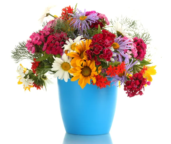 Beautiful bouquet of bright wildflowers in flowerpot, isolated on white Stock Picture