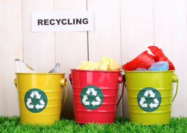 ahşap çit yanında yeşil çimenlerin üzerinde geri dönüşüm kutuları