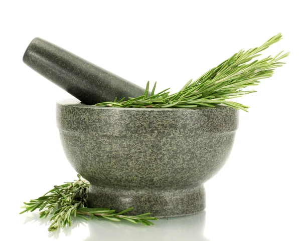 Mortar with fresh green rosemary isolated on white — Stock Photo, Image