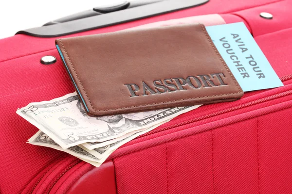 Passport and ticket on suitecase close-up — Stock Photo, Image