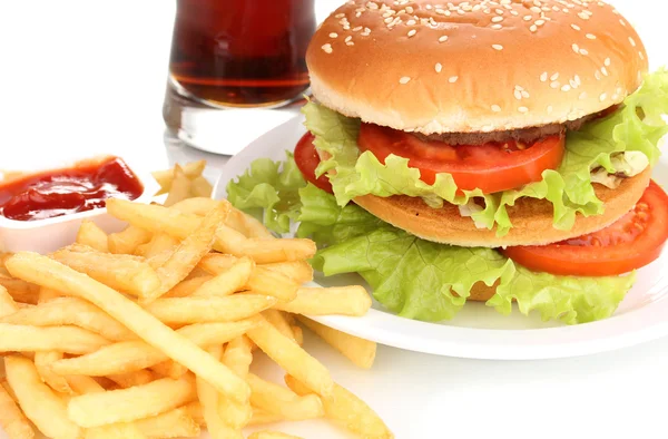 Big and tasty hamburger on plate with cola and fried potatoes close-up