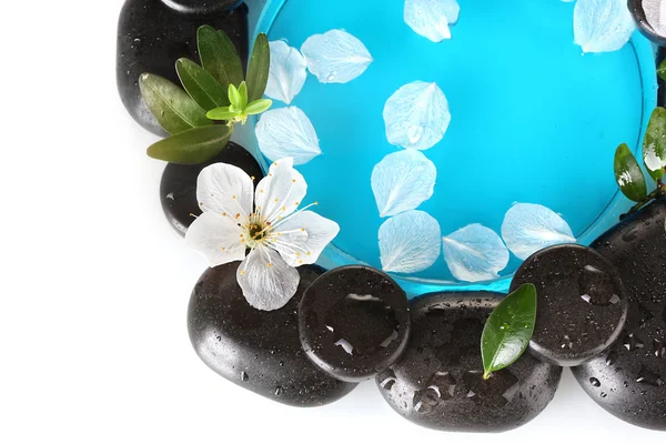 Composición de piedras de spa, agua azul, pétalos y hojas aisladas en blanco —  Fotos de Stock