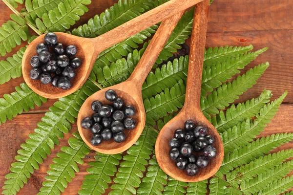 Tasty blueberries in wooden spoons on wooden background close-up — Stock Photo, Image