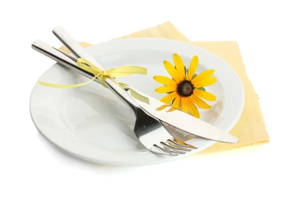 Spoon, fork and flower on plate, isolated on white — Stock Photo, Image