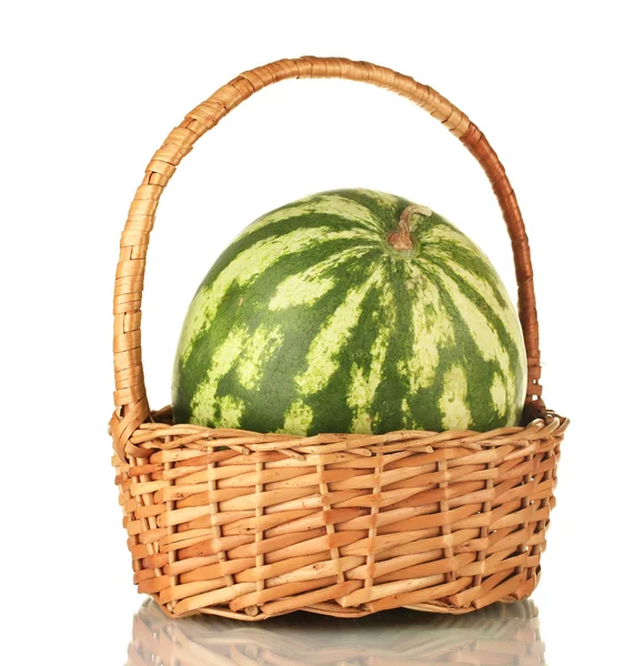 Ripe watermelon in wicker basket isolated on white — Stock Photo, Image