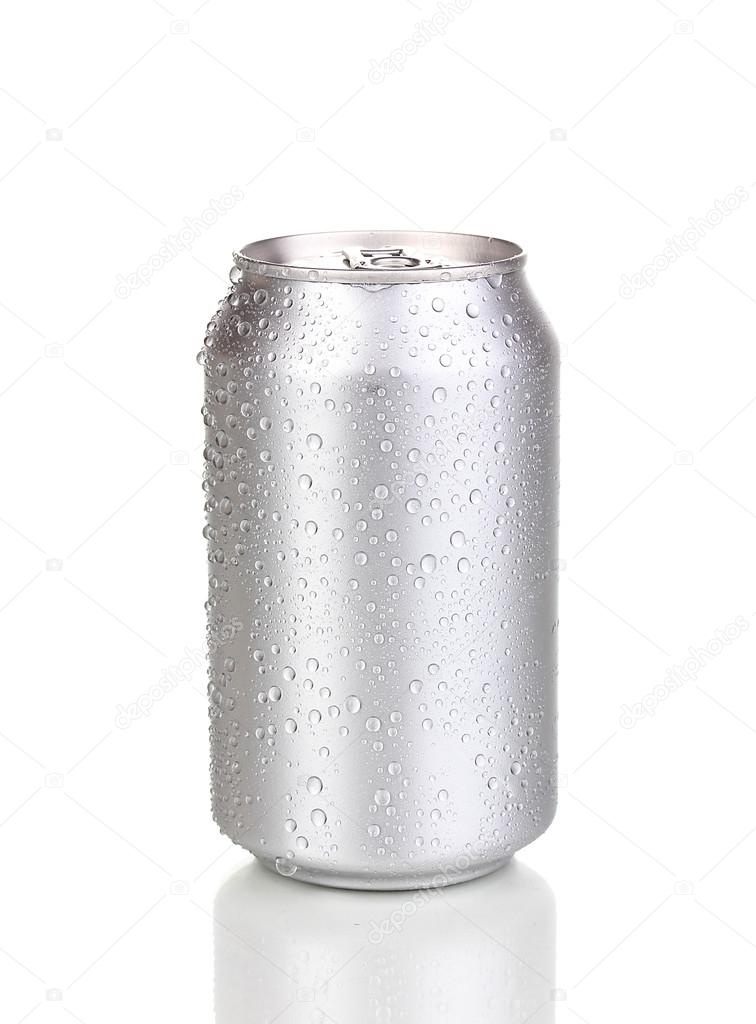 aluminum can with water drops isolated on white