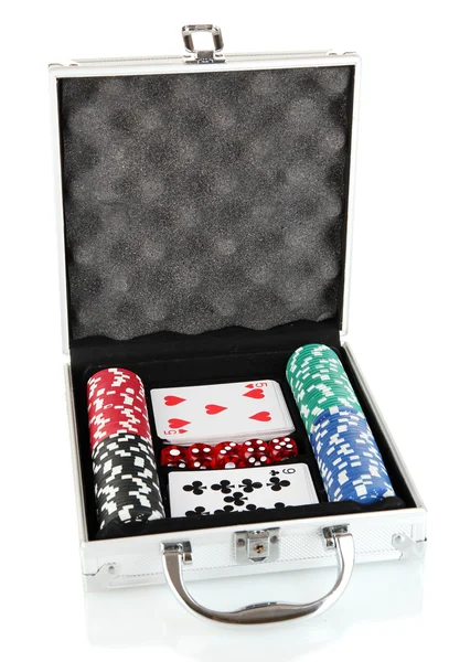 Poker-Set in Metallgehäuse isoliert auf weißem Hintergrund — Stockfoto