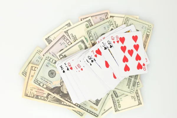 달러와 흰색 절연 카드 놀이의 갑판 — 스톡 사진