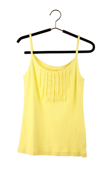 Woman's yellow top on a hanger isolated on white — Stock Photo, Image