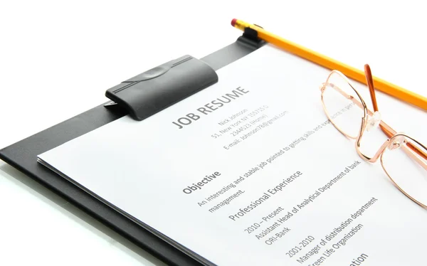 Resume with pencil and glasses on clipboard, isolated on white — Stock Photo, Image
