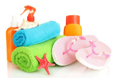 parlak plaj aksesuarları, üzerinde beyaz izole