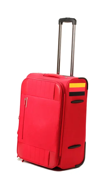 Red suitcase with sticker with flag of Germany isolated on white — Stock Photo, Image