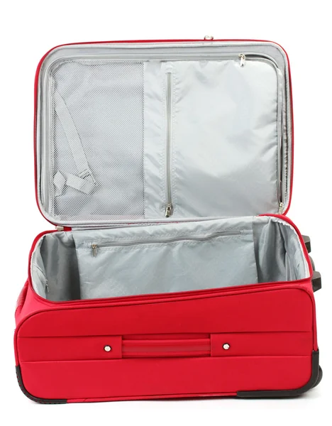 Geöffneter leerer roter Koffer isoliert auf weißem Grund — Stockfoto