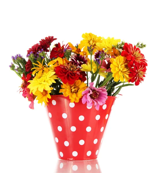 Bouquet of beautiful summer flowers in bucket, isolated on white Royalty Free Stock Photos