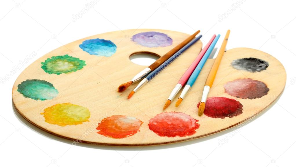 wooden art palette with paint and brushes isolated on white