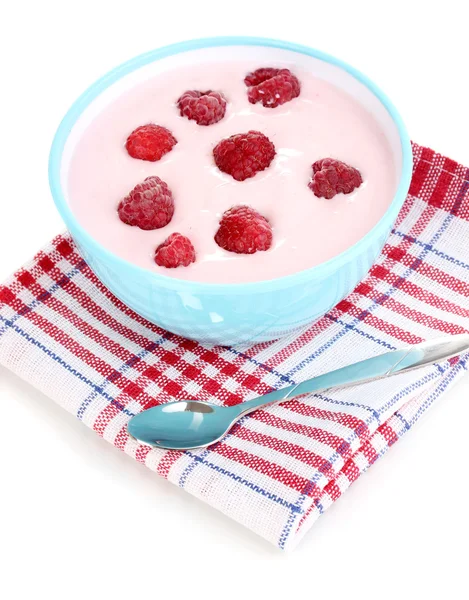 Yogurt with raspberries isolated on white — Stock Photo, Image