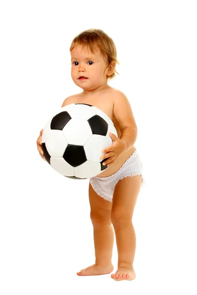 Bebê bonito com bola isolada em branco — Fotografia de Stock